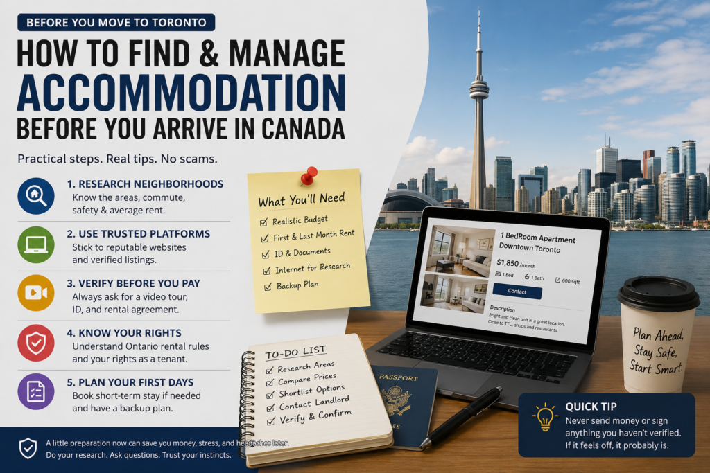 Infographic: How to find and manage accommodation in Canada before you arrive - Toronto rental guide with tips on budgeting, trusted platforms, and tenant rights